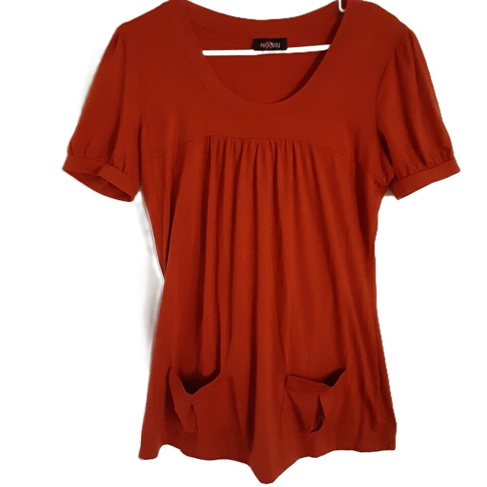 VTG Anxiety Blouse Sz XL Y2K Pullover Pockets Rust Colored Pleated Short Sleeve